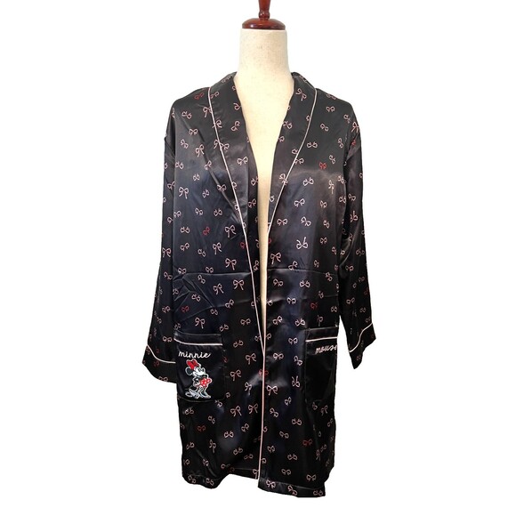 DISNEY Minnie Mouse Satin Kimono Robe Women's S Embroidered Pockets Black Pink - Picture 1 of 11